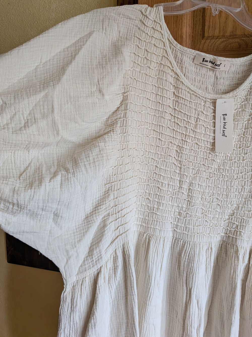 Three Bird Nest Cream Smocked Texture Dress - Picture 3 of 4